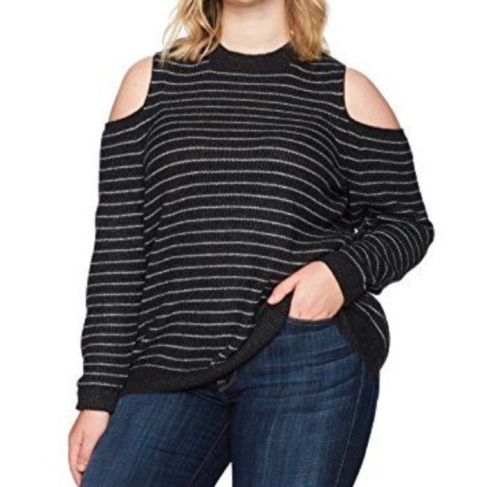 Lucky Brand Womens Plus Gray Striped Sweater Cold Shoulder Crew Neck size 3X